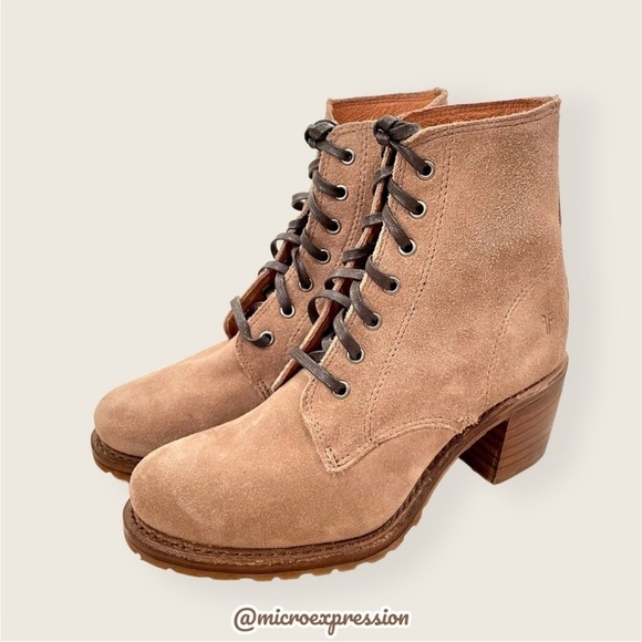 $399 Frye Sabrina 6G Lace Up Beige/Tan Suede/Leather Combat Moto Cute Ankle Boot - Picture 12 of 16